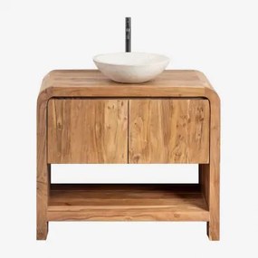 Vacry Houten Badkamermeubelset Acacia Bruin & Rond Cement Wit Ø40 Cm Zavion & Spiegelloze & Zwart ↑30 Cm Met Aftapkraan Zonder - Sklum