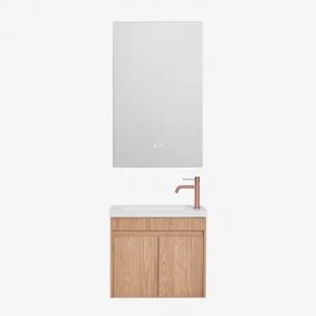 Narek Zwevend Houten Badkamermeubelset Met Geïntegreerde Wastafel Ash Brown & Rectangular Led And Antifog 55x90 Cm Riben & Roségoud Geborsteld - Sklum