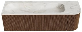 Mondiaz Kurve-dlux 145cm badmeubel ronding rechts walnut met 1 lade en deur en wastafel big large links zonder kraangat ostra