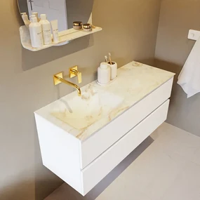 Mondiaz Vica DLux badmeubel 120cm talc 2 lades met wastafel frappe links zonder kraangat
