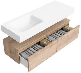 Zaro Alan badmeubel 130cm washed oak 2 lades met vrijhangende wastafel cloud links 1 kraangat talc