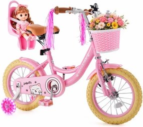 VEVOR Kinderfiets voor 3-5 jaar, 35,5 cm racefiets met zijwieltjes, roze, meisjesfiets, frame van koolstofstaal, dubbele remmen, verstelbaar zadel, met poppenzitje en mandje, prinsessenstijl