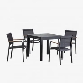 Set Van Rechthoekige Tafel 90-180x90 Cm Uitschuifbaar In Starmi Aluminium En 4 Stapelbare Archer Aluminium Tuinstoelen Grijs – Grafiet - Sklum