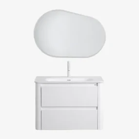 Badkamermeubelset In Hout Met Geïntegreerde Wastafel Egerton Wit & Ovaal Led En Anticondens 100x65 Cm Meunier & Wit ↑20 Cm - Sklum