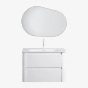 Badkamermeubelset In Hout Met Geïntegreerde Wastafel Egerton Wit & Ovaal Led En Anticondens 100x80 Cm Meunier & Wit ↑20 Cm - Sklum