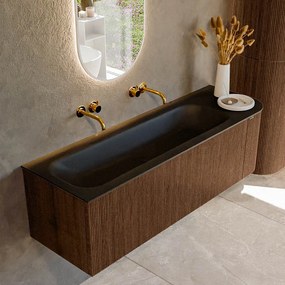 Mondiaz Kurve 145cm badmeubel ronding rechts walnut met 1 lade en deur en wastafel big large links zonder kraangat urban