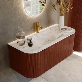 Mondiaz Kurve-dlux 110cm badmeubel ronding links/rechts ruby met 1 lade en 2 deuren en wastafel cloud midden 1 kraangat glace