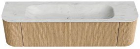 Mondiaz Kurve-dlux 170cm badmeubel ronding links/rechts oak met 1 lade en 2 deuren en wastafel big large midden 2 kraangaten opalo