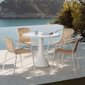 Set Van Ronde Tafel Ø90 Cm In Cement En Glasvezel Melody En 4 Tuinstoelen In Staal En Synthetisch Riet Kalyma Wit - Sklum