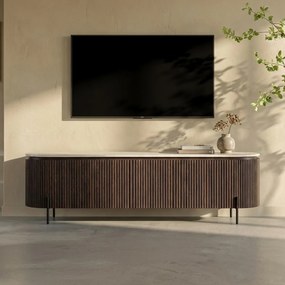 Walnoot Tv-meubel Met Travertin Blad - 200x40x55cm.