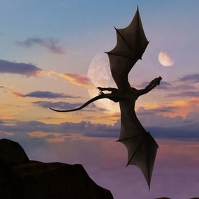 Ilustratie Illustration of single horned dragon soaring, BWFolsom