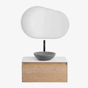 Tedrik Zwevend Badkamermeubelset 80x50 Cm In Essenhout Ash Brown & Rond Grijs Cement Ø40 Cm Tarsis & Ovaal Led En Anticondens 100x80 Cm Riben & -