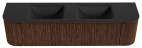 Mondiaz Kurve 180cm badmeubel ronding links/rechts walnut met 2 lades en deuren en wastafel cloud dubbel 2 kraangaten urban