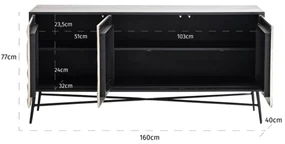 Richmond Interiors Tetro Zwart Dressoir Met Zilveren Deuren - 160x40x77cm.
