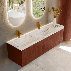 Mondiaz Kurve-dlux 155cm badmeubel ronding rechts ruby met 2 lades en 1 deur en wastafel leaf dubbel/links 2 kraangaten glace