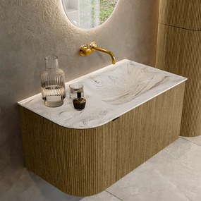 Mondiaz Kurve-dlux 85cm badmeubel ronding links dusk met 1 lade en deur en wastafel cloud rechts zonder kraangat glace