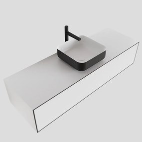 Zaro Lagom volledig naadloos solid surface onderkast met topblad 140cm mat zwart met 1 lades Push tot open. Compleet met solid surface opzetkom met 1 kraangat(en)