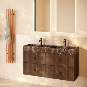 Muebles Murcia badmeubel ribbelfront 120cm walnoot met Dark Emperador wastafel met kraangaten
