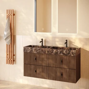 Muebles Murcia badmeubel ribbelfront 120cm walnoot met Dark Emperador wastafel met kraangaten