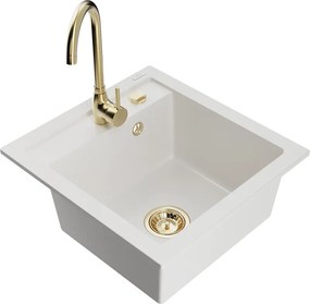 Mexen Vito granieten gootsteen 1-komor met keukenkraan Telma, wit - 6503-20-670200-50