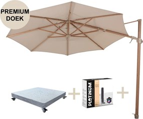 Siesta premium zweefparasol 350 cmØ houtlook frame sand 4 Seasons Outdoor met robuust 90KG voet en hoes