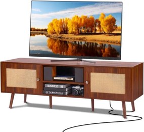 VEVOR Rotan TV-meubel, moderne tv-kast voor 165 cm tv, Boho rotan tv-meubel met ingebouwde stopcontact en USB-poorten, verstelbare planken voor woonkamer, mediaruimte, walnoot