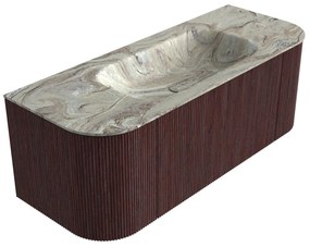 Mondiaz Kurve-dlux 120cm badmeubel ronding links/rechts ruby met 1 lade en 2 deuren en wastafel big small midden zonder kraangat glace