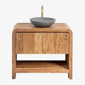 Vacry Houten Badkamermeubelset Acacia Bruin & Rond Grijs Cement Ø40 Cm Tarsis & Spiegelloze & Geborsteld Goud ↑30 Cm Met Aftapkraan Zonder Overloop Or