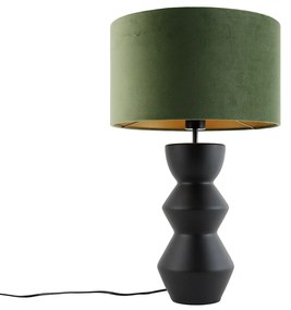 Design tafellamp zwart 16 cm velours kap groen met goud 35 cm - Alisia Design E27 rond Binnenverlichting Lamp