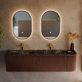 Mondiaz Kurve-dlux 165cm badmeubel ronding rechts ruby met 2 lades en 1 deur en wastafel stor small dubbel/links 2 kraangaten lava