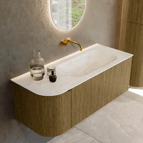 Mondiaz Kurve-dlux 115cm badmeubel ronding links dusk met 1 lade en deur en wastafel big small rechts zonder kraangat ostra