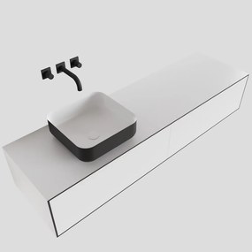 Zaro Lagom volledig naadloos solid surface onderkast met topblad 160cm mat zwart met 2 lades Push tot open. Compleet met solid surface opzetkom met 0 kraangat(en)