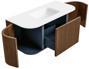 Mondiaz Kurve 100cm badmeubel ronding links/rechts walnut met 1 lade en 2 deuren en wastafel grunne midden zonder kraangat