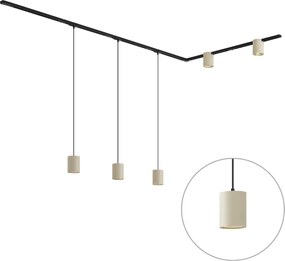Modern railsysteem zwart met 3 hanglampen en 2 spots beige 1-fase - Iconic Holt Rondoo Up