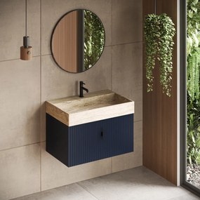Muebles Zahora badmeubel ribbelfront 80cm marine blauw met White Travertin wastafel met kraangat