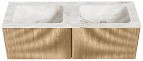 Mondiaz Kurve-dlux 130cm badmeubel oak met 2 lades en wastafel leaf dubbel 2 kraangaten frappe