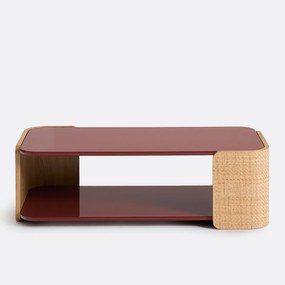 Salontafel in hoogglans bordeaux lak en vlechtwerk, dubbel blad, TALMA