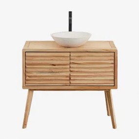 Badkamermeubelset 90x45 Cm In Hout Deleyna Natuurlijk Hout & Rond Cement Wit Ø40 Cm Zavion & Spiegelloze & Mat Zwart ↑30 Cm Met Afvoerkraan Zonder Ove
