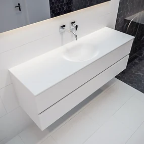 Mondiaz Vica 150cm badmeubel talc 2 lades wastafel Moon midden zonder kraangat