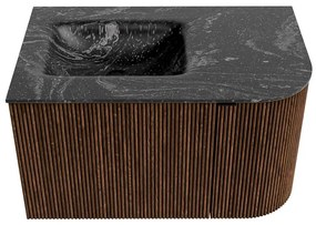Mondiaz Kurve-dlux 75cm badmeubel ronding rechts walnut met 1 lade en deur en wastafel grunne links zonder kraangat lava
