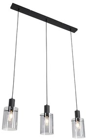 Eettafel / Eetkamer Hanglamp zwart met smoke glas langwerpig 3-lichts - Vidra Modern E27 Binnenverlichting Lamp