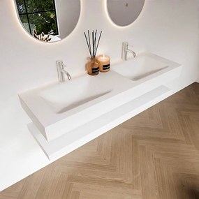 Zaro Alan badmeubel 140cm met planchet talc en vrijhangende wastafel cloud dubbel 2 kraangaten talc