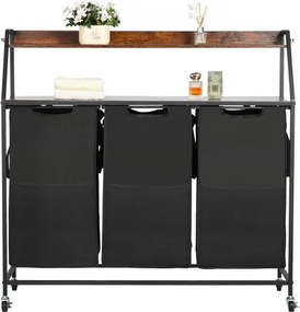 VEVOR Wasmand Wassorteerder met 3 compartimenten (600D Oxford-stof) en houten tafelblad, wasverzamelaar op wielen met ladderplanken, wasscheider Wassorteersysteem voor vuile was