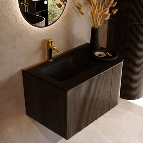 Mondiaz Kurve 75cm badmeubel ronding rechts shadow met 1 lade en deur en wastafel grunne kraangat links urban