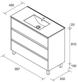 Muebles Project badmeubel 100cm met 3 lades en wastafel zwart mat