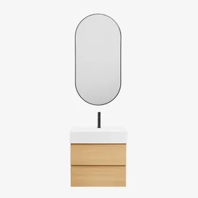 Badkamermeubelset Van Hout En Essenhoutfineer Met Geïntegreerde Wastafel Ona Natuurlijk Hout & Ovale Led En Anticondens Zwart 50x100 Cm Asteiro -