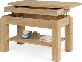BRAVO goud eiken – uitschuifbare en in hoogte verstelbare salontafel, tafel met plank