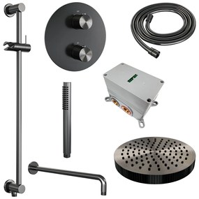 Brauer Stripe inbouw regendouche rond met 25cm hoofddouche, rond met gebogen muurarm, glijstang en staafhanddouche set 44 gunmetal geborsteld PVD