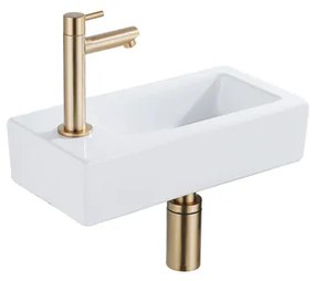 QeramiQ Fuente Fonteinset - 37.5x18.5x9cm - keramiek - kraangat links - fonteinkraan geborsteld messing - afvoerplug - verlaagd sifon - Glans wit SW1122449/SW696208/SW696218/SW696238