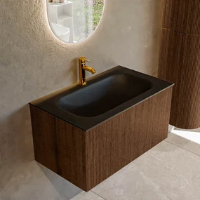 Mondiaz Kurve 80cm badmeubel walnut met 1 lade en wastafel big small midden 1 kraangat urban